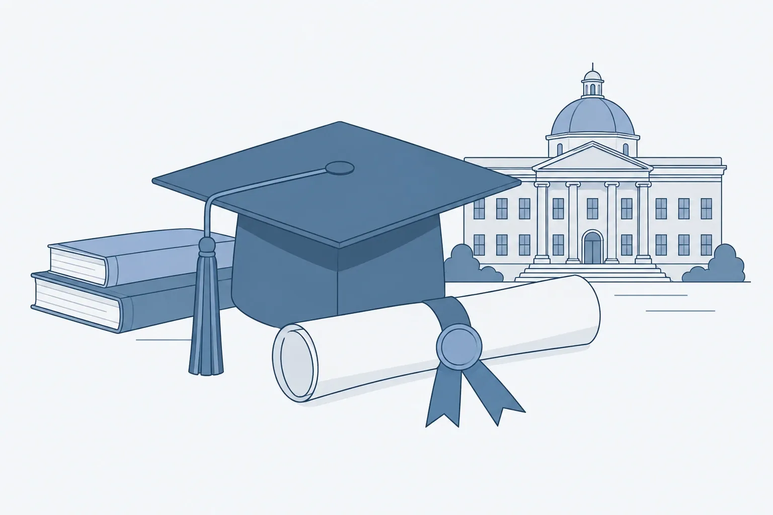 Graduation cap, rolled diploma with ribbon, books set before a university building