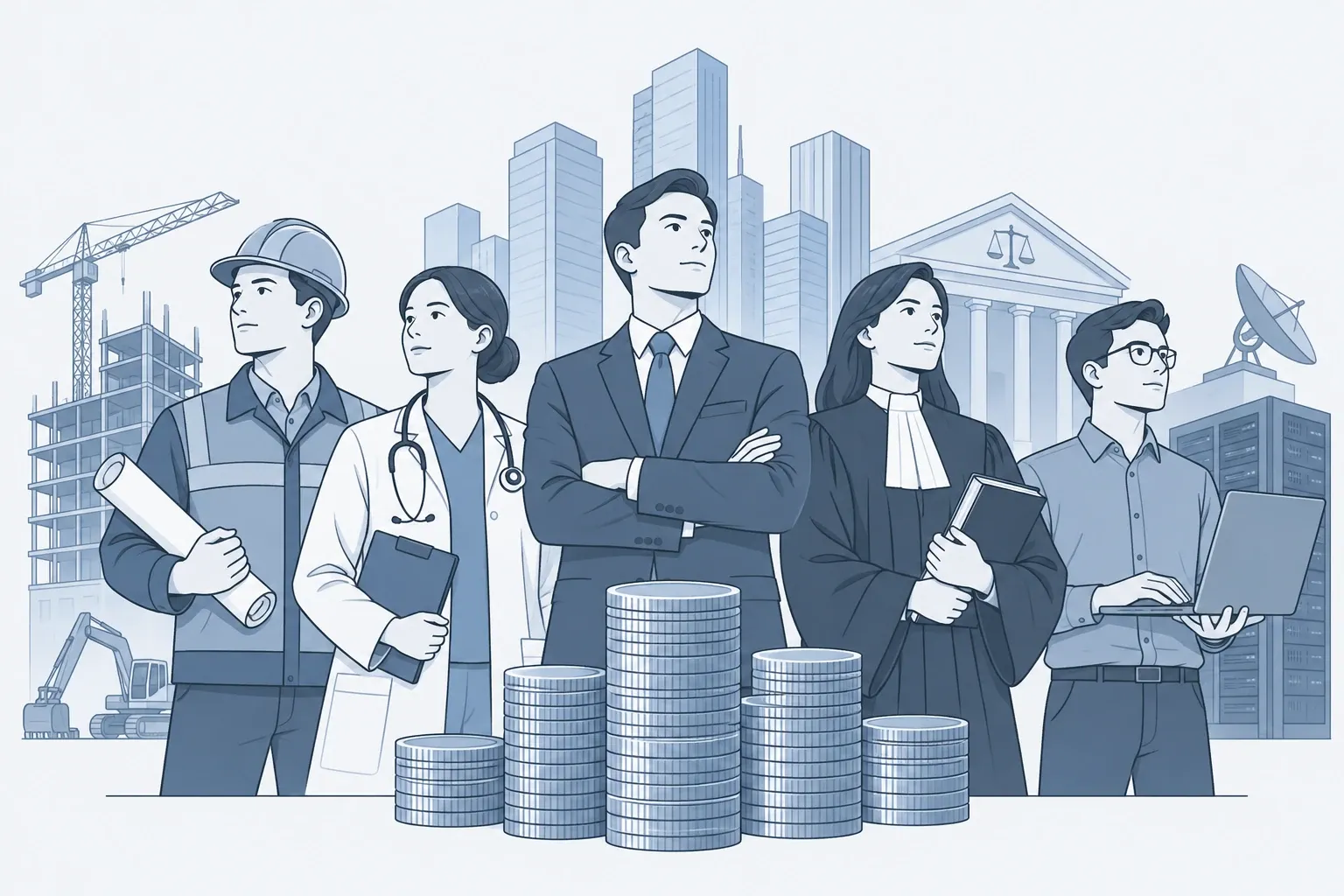 Group of professionals — engineer, doctor, executive, lawyer, IT specialist — with stacked coins