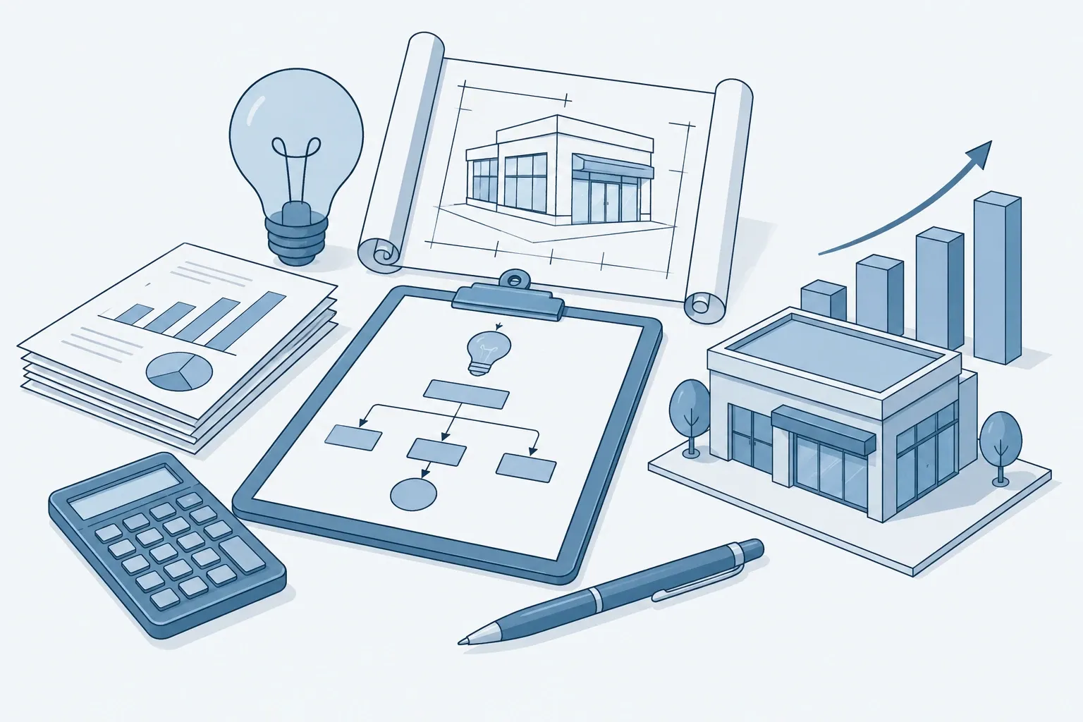Business plan layout with blueprint, storefront model, charts, calculator, pen, lightbulb
