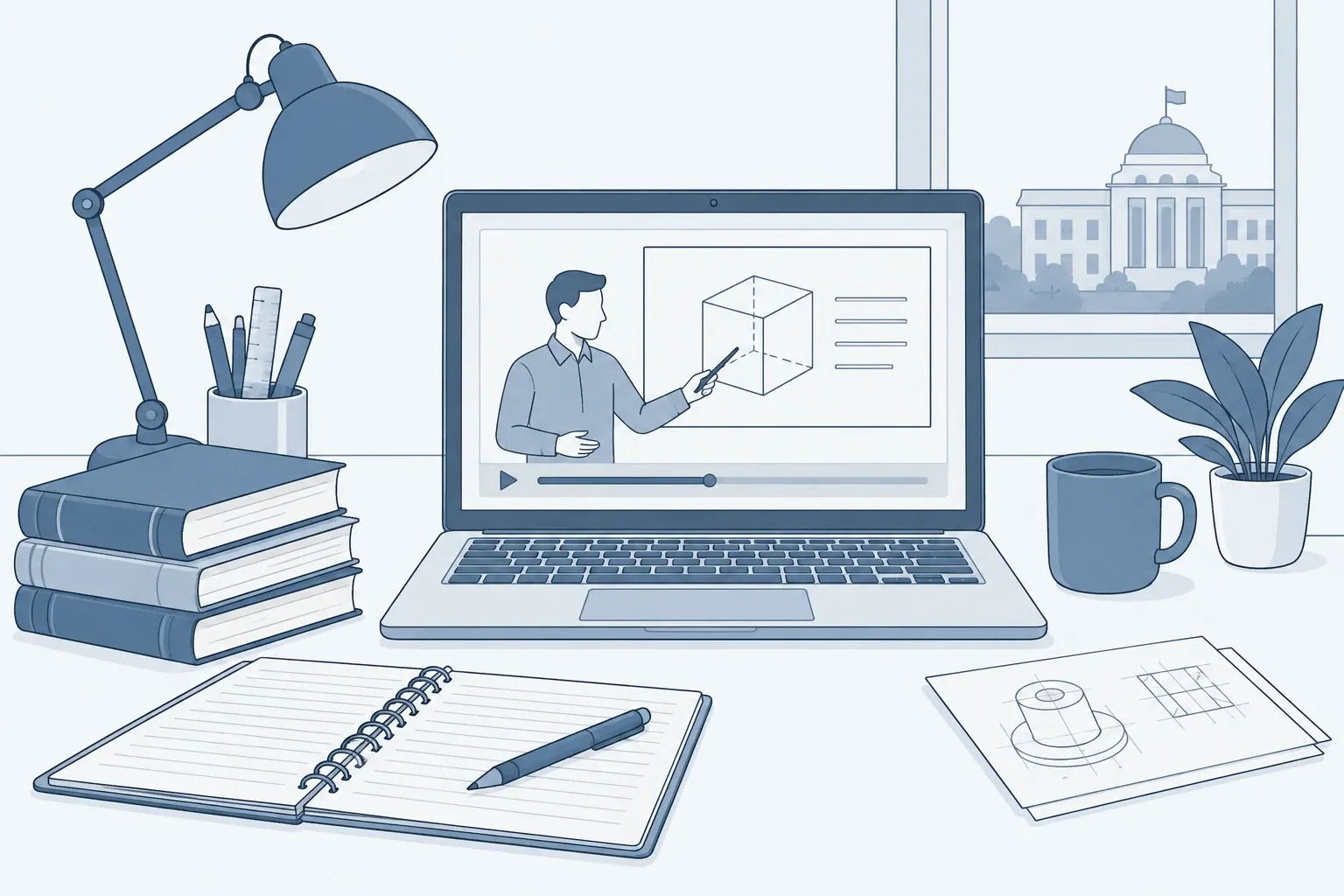 Laptop showing an online lecture with instructor diagramming a 3D cube, desk supplies