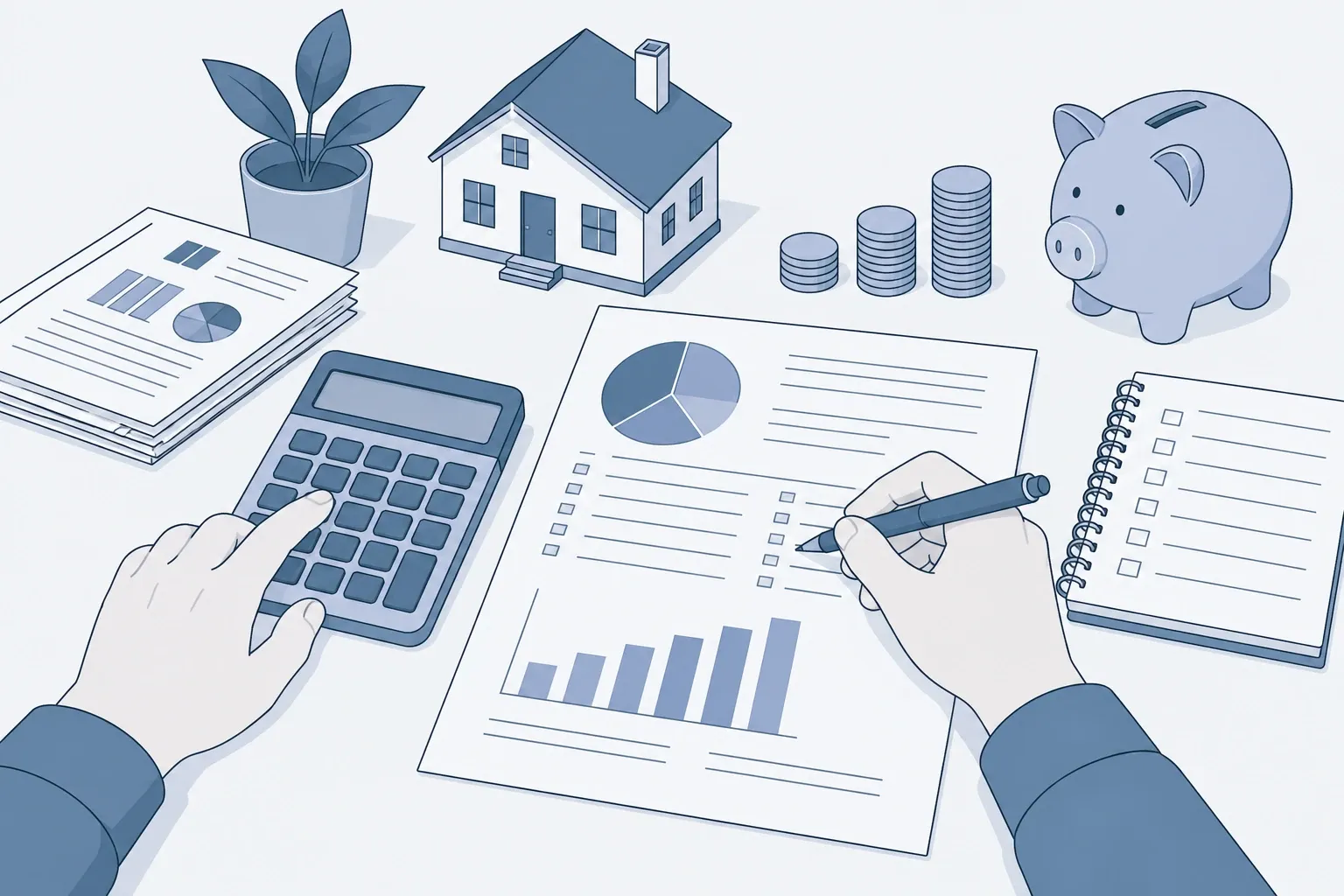 Hands using calculator and pen filling budget sheet with charts, piggy bank nearby